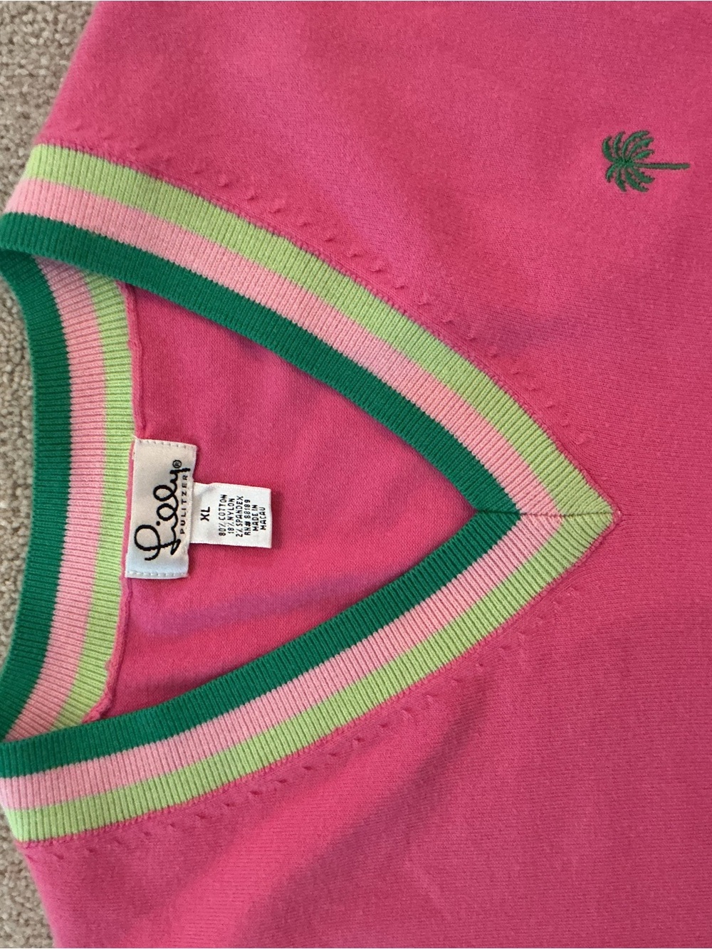 Lilly Pulitzer Pink V-Neck Sweater with Green and yellow Trim - Picture 2 of 3